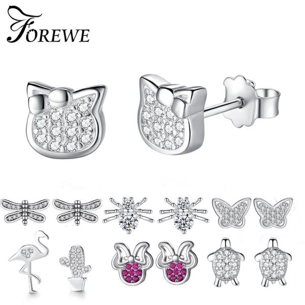 

stud authentic 925 sterling silver earrings crystal butterfly cat dog small for women girls fashion jewelry gift, Golden;silver