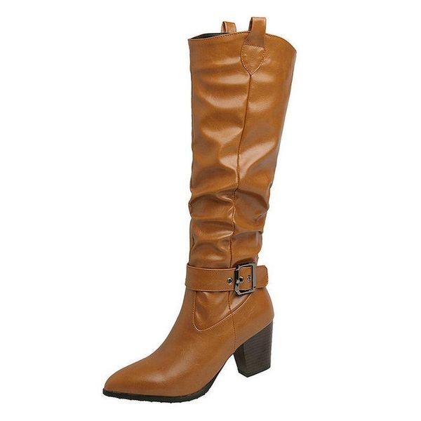 

boots 2021 winter women western fashion buckle thick heel ladies knee high slip on cowboy black brown white