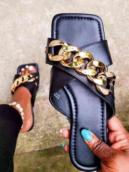 

slippers women s summer chain luxury square head flat heel female plus size outdoor beach slides sandals for 220304, Black