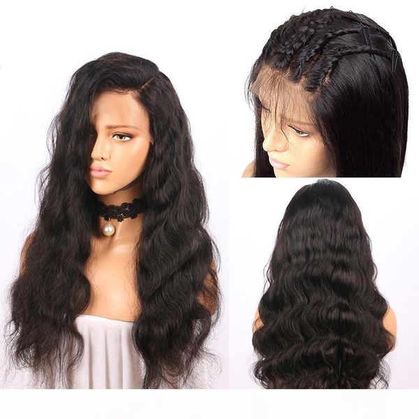 

pre plucked brazilian human hair lace front wigs with baby hair popular body wave medium size swiss lace front wig natural color, Black;brown