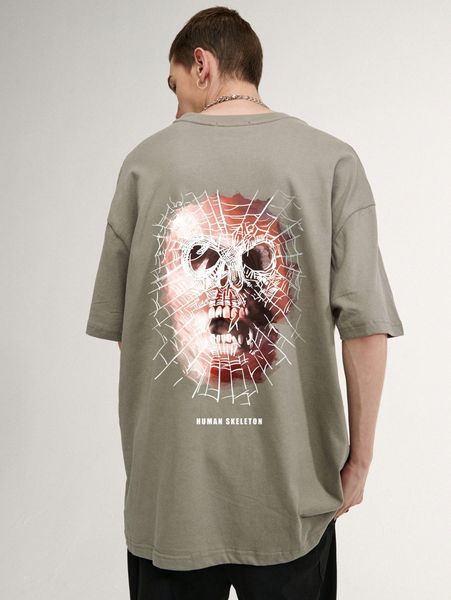 

men letter & skull print drop shoulder tee s2yt#, White;black