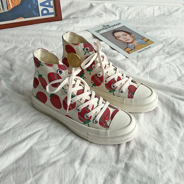 

swyivy strawberry print women canvas shoes flats women vulcanized shoes lace-up female casual shoes ladies canvas sneakers 1020, Black;white