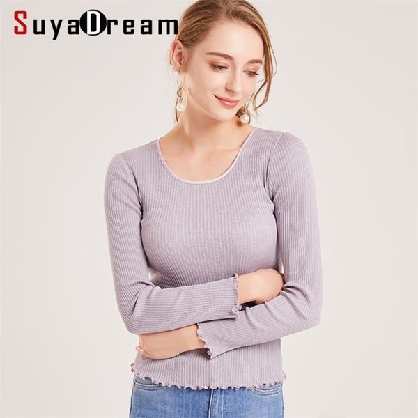 

suyadream ribs o neck plain pullovers 30%silk 70%cottom slim fit women thin bottoming sweaters autumn winter knitwear lj201114, White;black