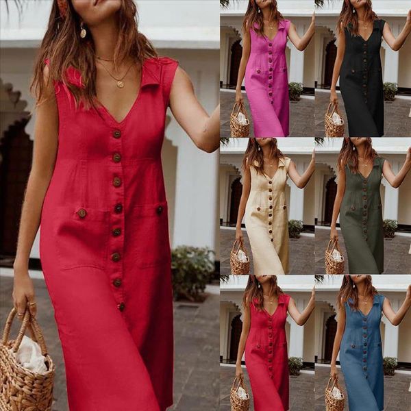 

women summer casual dress vintage elegant solid with buttons sleeveless daily midi dress holiday boho beach dresses ropa#3s, Black;gray