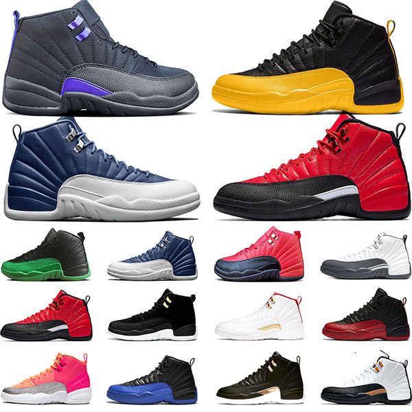 

12s jumpman mens basketball shoes 12 dark concord university gold grey fiba flu game royal trainers sports sneakers size 40-47, Black