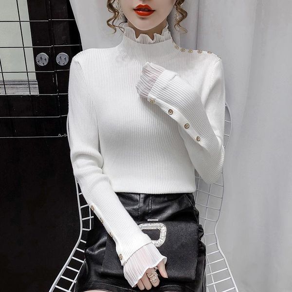 

chiffon ruffle neck knit render buttons of the new reactor brought pure color turtle neck coat of cultivate one's sweater, White;black