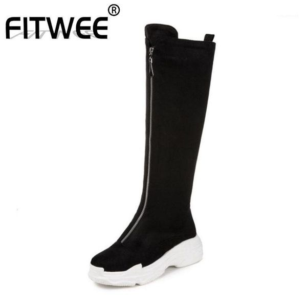 

boots fitwee ladies black white platform front zipper winter knee high round toe classics shoes woman size 29-431