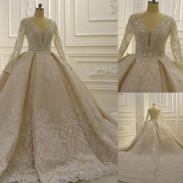 

ball gown wedding dresses crystal pearl beaded v neck long sleeve sweep train bridal gowns custom made wedding gown vestido de novia, White