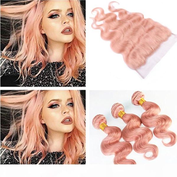 

sell pink human hair bundle deals 3pcs with frontal body wave pure pink virgin hair weaves with full lace frontal closure 13x4, Black;brown