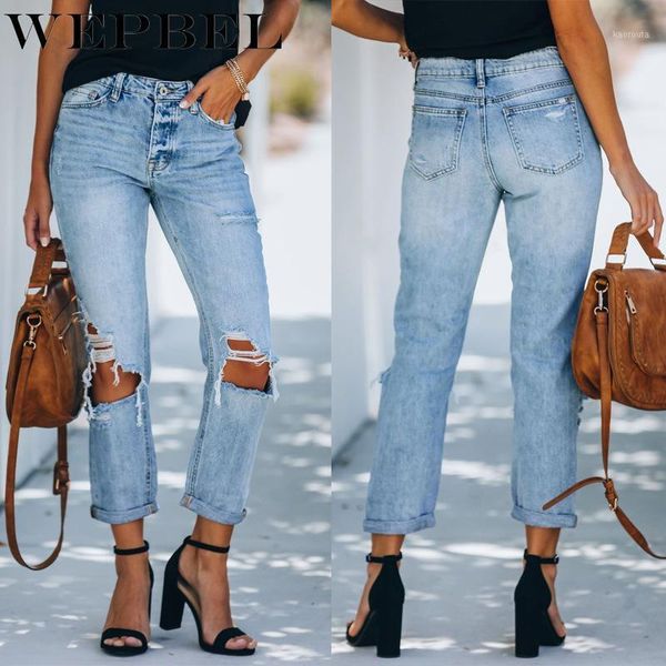 

wepbel women autumn winter hole denim pants casual ladies washed ripped slim fit straight jeans1, Blue