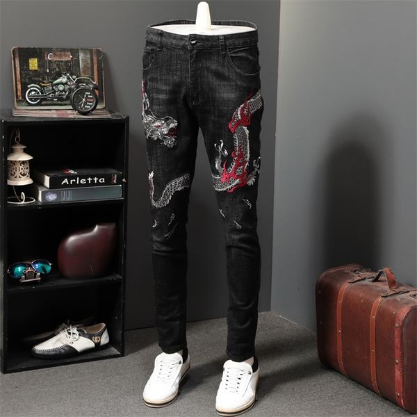 

dragon embroidery jean man directly canister self-cultivation leisure time long pants personality elastic vaqueros hombre skinny 201111, Blue