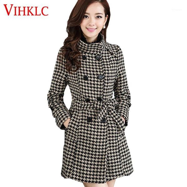 

2020 autumn winter women windbreaker coat black white houndstooth plus size self-cultivation coat women casaco femin b471, Tan;black