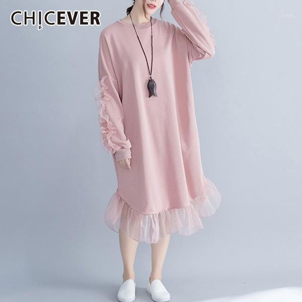 

chicever patchwork mesh dresses women o neck long sleeve loose midi dress female autumn fashion casual clothes new 20181, Black;gray