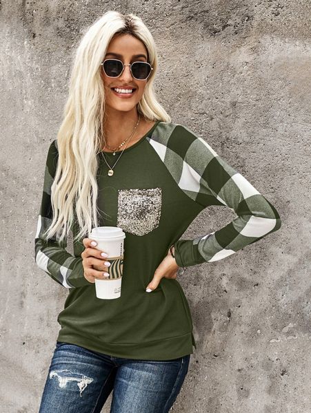

contrast gingham sleeve sequin-pocket sweatshirt l55q#, White;black