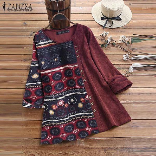 

casual corduroy blouse women's printed shirts 2020 zanzea fashion long sleeve patchwork button blusas female oversized tunic 5xl1, White