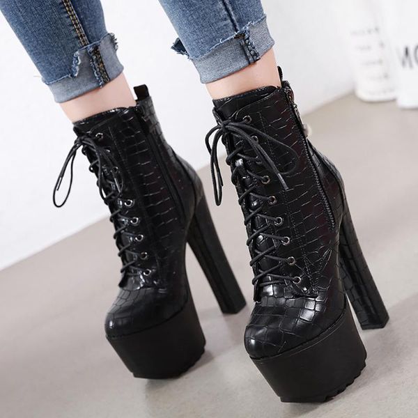 

boots winter for woman fashion pointed toe pure color platform zipper clear heels cross tied block ankle 34-40, Black