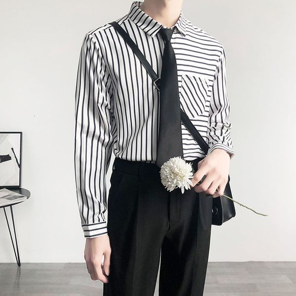 

2021 men's shirts spring and winter new self-cultivation college fresh little art printed striped shirt young rfi0, White;black