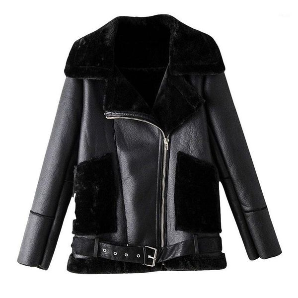 

women coat black warm pu faux fur lapel long sleeve belt women jacket jackets 2020 winter lining with velvet zipper korean pilot1, Black;brown