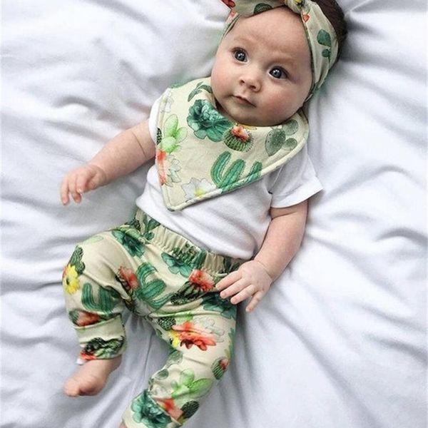 

summer newborn infant baby girl clothes floral print short sleeve +pants+headband+bibs 4pcs toddler outfits baby clothing y200803, White