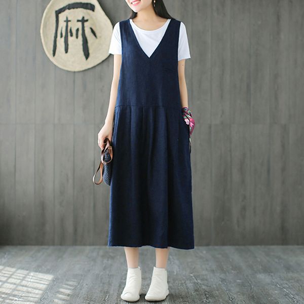 

easehut cotton linen sleeveless dress women v-neck pockets casual midi dresses vestidos 4xl 5xl plus size spring summer dress y200103, White;black