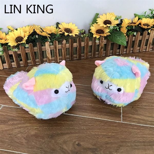 

lin king sweet cartoon alpacas women winter home slippers warm plush indoor shoes anti skid flats house floor shoes for female y200706, Black