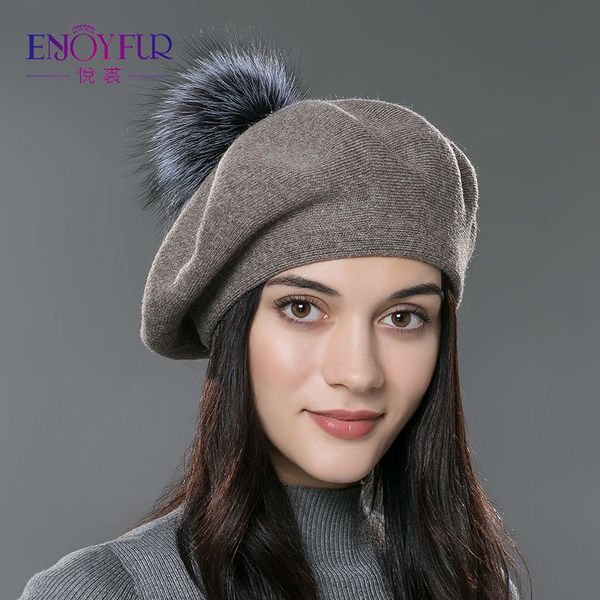 

enjoy fur women beret hat knitted wool beret natural raccoon fur pompom hat solid colors 2020 new cap, Blue;gray