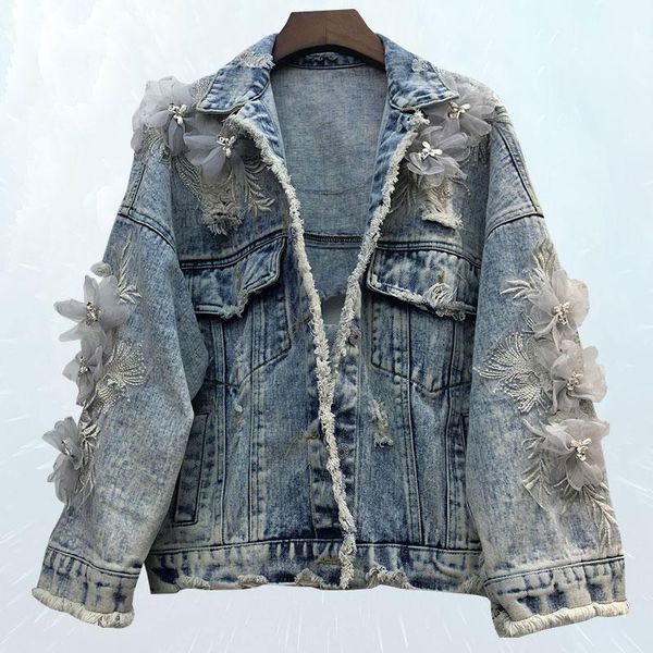 

spring women embroidery three-dimensional flower jacket wash water hole hair denim coat bf wind loose basic jeans jacket 1891, Black;brown