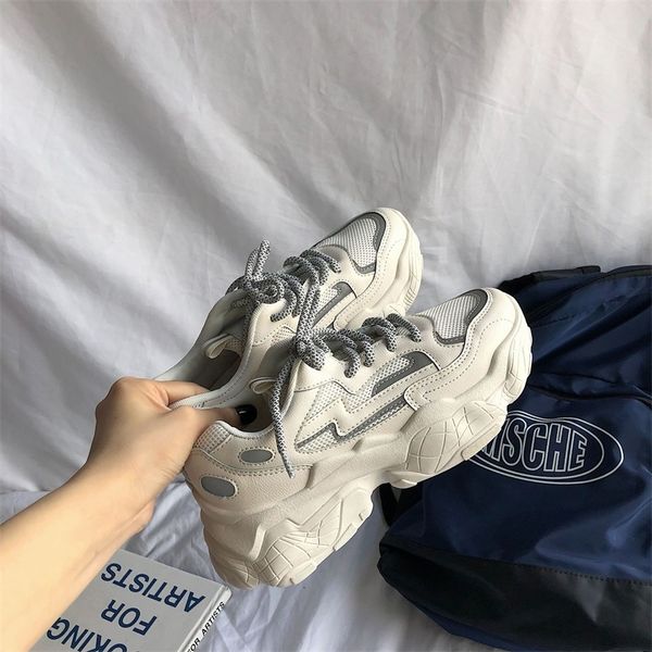 

women sneakers dad chunky sneakers mesh casual shoes autumn reflective comfortable breathable white flats female platform shoes 201111, Black