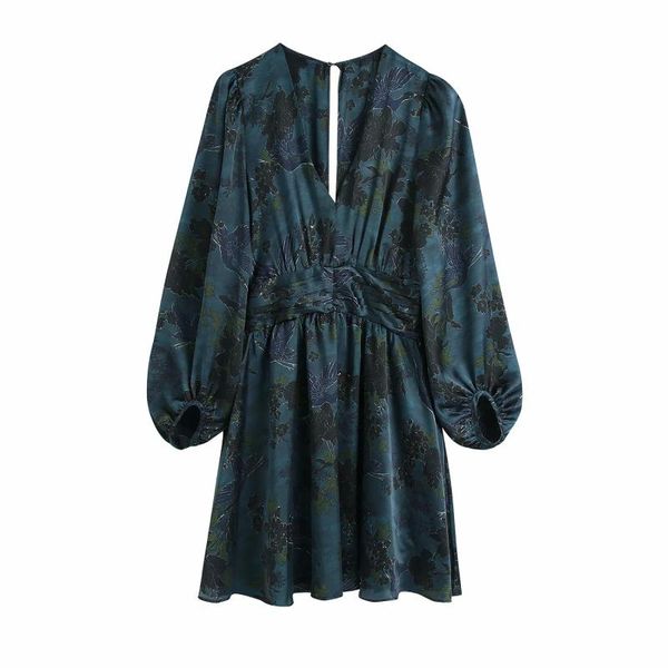 

puwd vintage woman v neck printed draped dress 2021 spring fashion ladies soft puff sleeve mini dresses female seaside dresses, Black;gray