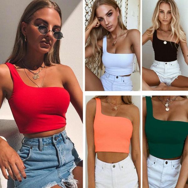 

women cool single one shoulder tank vest bare midriff sleeveless hollow out t shirt summer beach crop holiday pure, White