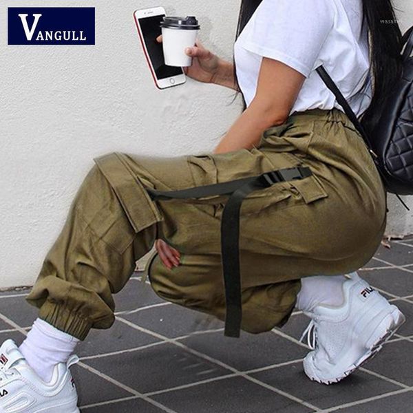 

vangull women buckle belt ribbon pocket loose jogger pant high waist street wear punk harajuku hip hop sweatpant cargo trousers1, Black;white