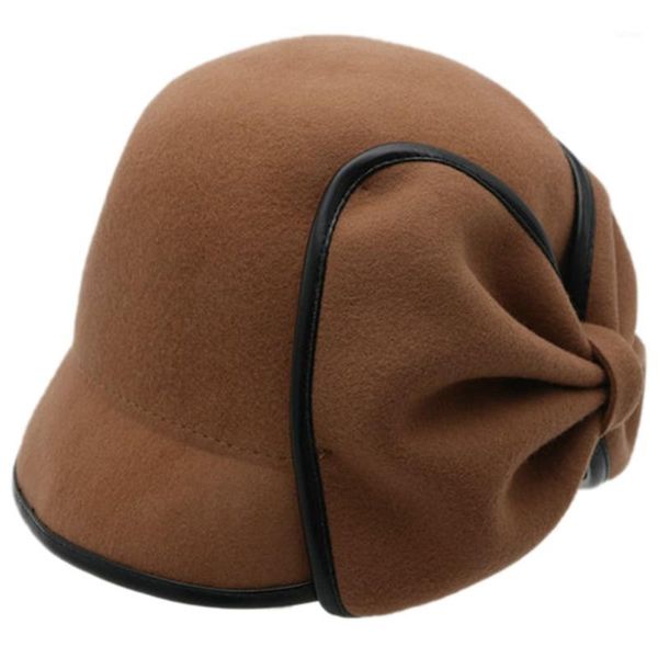 

women's wool fedora hat decorated bow tie fedora female beret fisherman hat1, Blue;gray