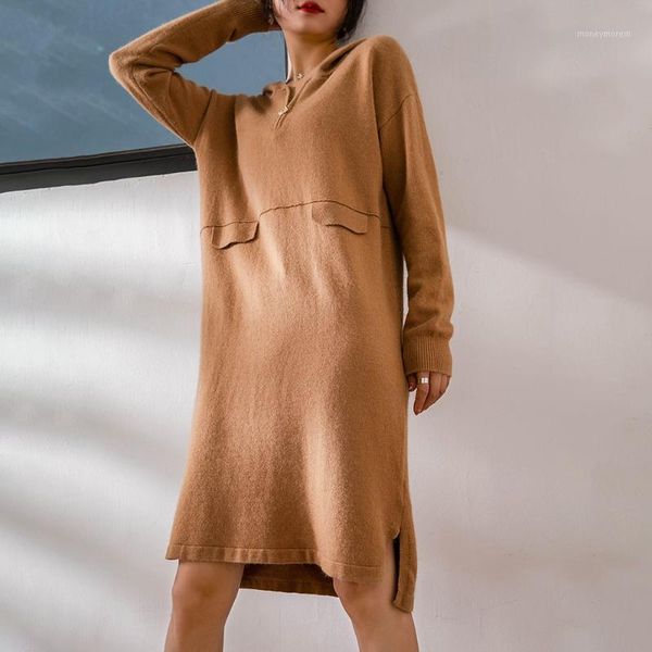 

women mid-lengtha angora knit dress slit at hem causal female dress women janpan style loose dresses, Black;gray