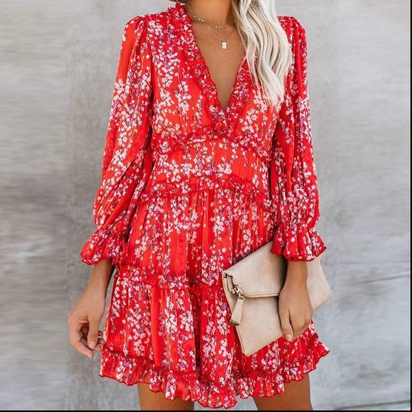 

2021 spring new arrivals v neck ruffle mini party dresses black red women long sleeve chiffon elegant ladies clothing, Black;gray