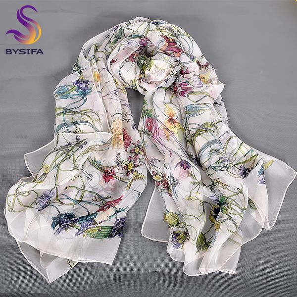 

white 100% silk scarf cape fashion floral design long scarves women summer utralong beach shawl winter scarves180*110cm 201026, Blue;gray