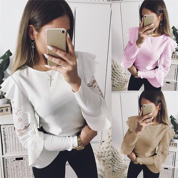 

2020 new fashion ruffled lace stitching office ladies shirt spring blouse long sleeve shirt, White