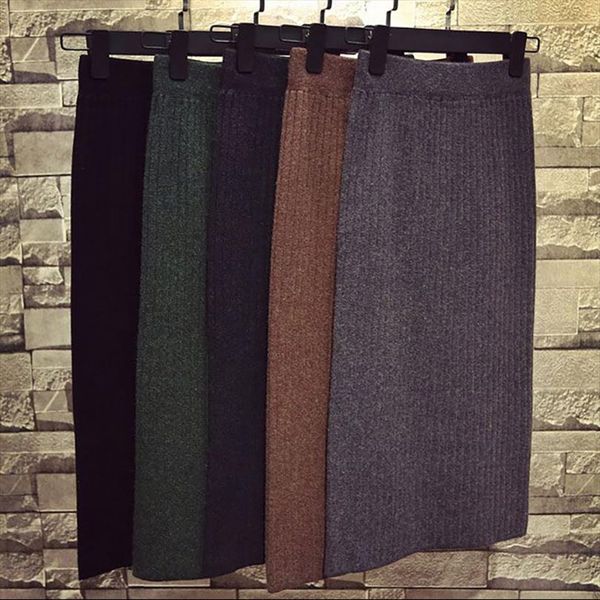 

winter skirts women warm 2020 knitted pencil falda tubo faldas coreanas negra green brown vintage falda midi skirt jupe crayon, Black