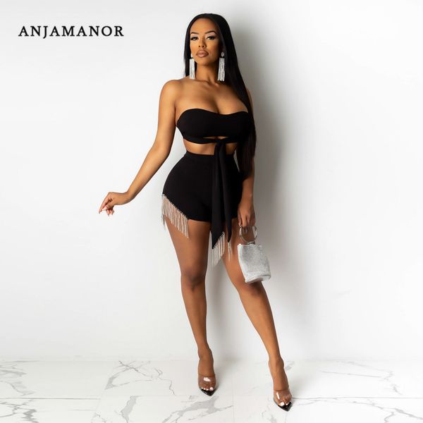 

anjamanor club women two piece bodycon outfits summer 2020 rhinestone fringe crop and shorts matching sets d42-ac58 t200702, White