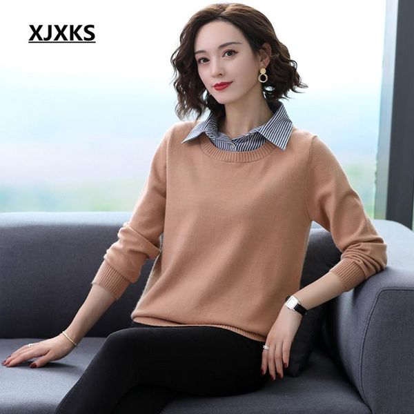 

xjxks fashion shirt collar fake two women sweaters 2021 spring new comfortable cashmere knit sweater women pullover, White;black