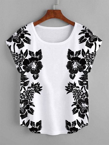 

plus floral print batwing sleeve curved hem tee 53kk#, Black