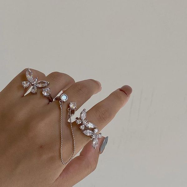 

wedding rings shiny crystal butterfly for women accessories, fashion silver color finger ring chain engement party female jewelry, Slivery;golden