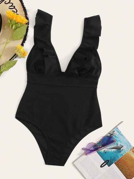 

ruffle trim lace up back one piece swimsuit d0mk#, White;black