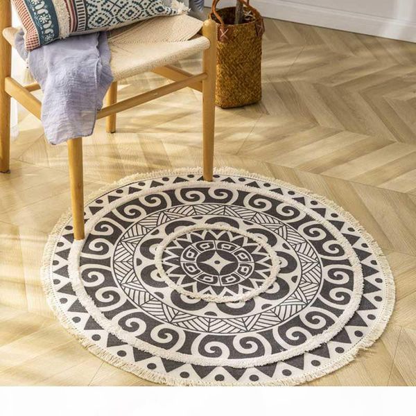 

fashion washable handmade woven cotton linen home bedside tassel floor mat for living room retro soft table sofa doormat