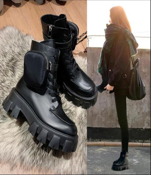 

2020 карманный мотоцикл boots женщин платформы обувь узелок на толстой подошве черные туфли женщина половина botas de mujer 35-40, Black