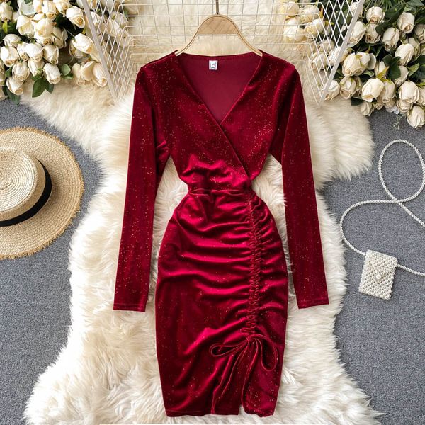 

velvet dress autumn black/red drawstring velvet party mini dress women v-neck long sleeve high waist vestidos female 2021 n, White;black