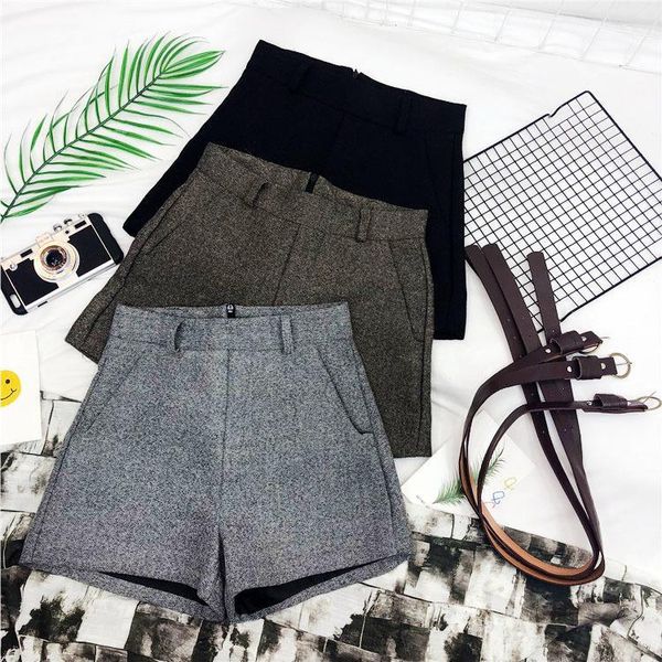 

autumn winter formal shorts women korean high waist thick with sashes wide leg shorts female gray black green casual bottom1, White;black