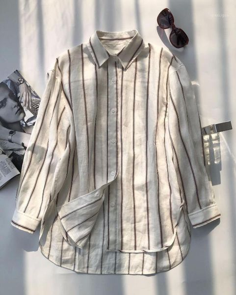 

2020 early women's linen stripe blouse turn down collar long sleeve loose shirt with button1, White
