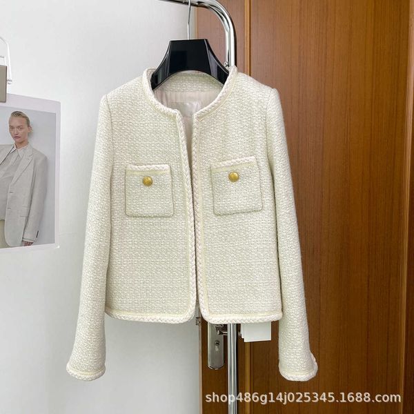 

women's early spring new ce family small fragrant wind wool tweed woven french light luxury short white coat, Black;brown