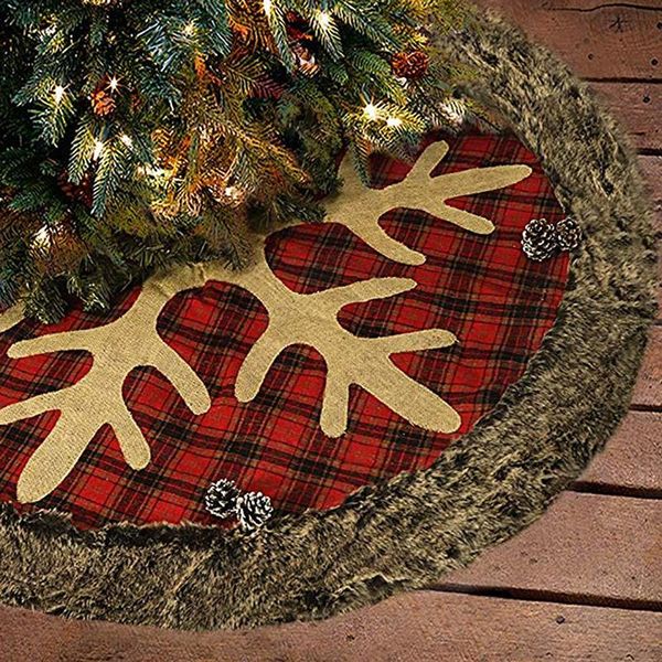 

christmas decorations tree skirt 36 inches large burlap plaid snowflake with thick faux fur edge rustic xmas holiday
