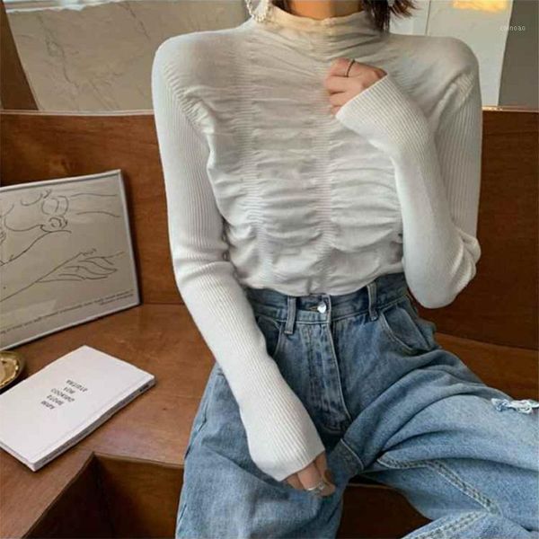 

autumn folds half high collar women's sweaters knitted long sleeve slim female pullovers solid streetwear casual ladies sweater1, White;black